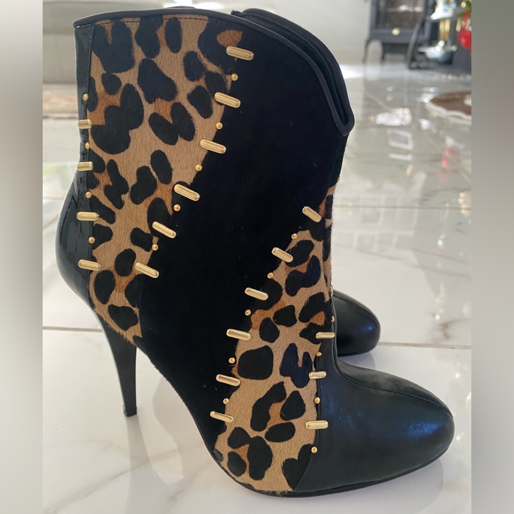 Beverly Feldman ,Leather leopard design calf hair ankle booties